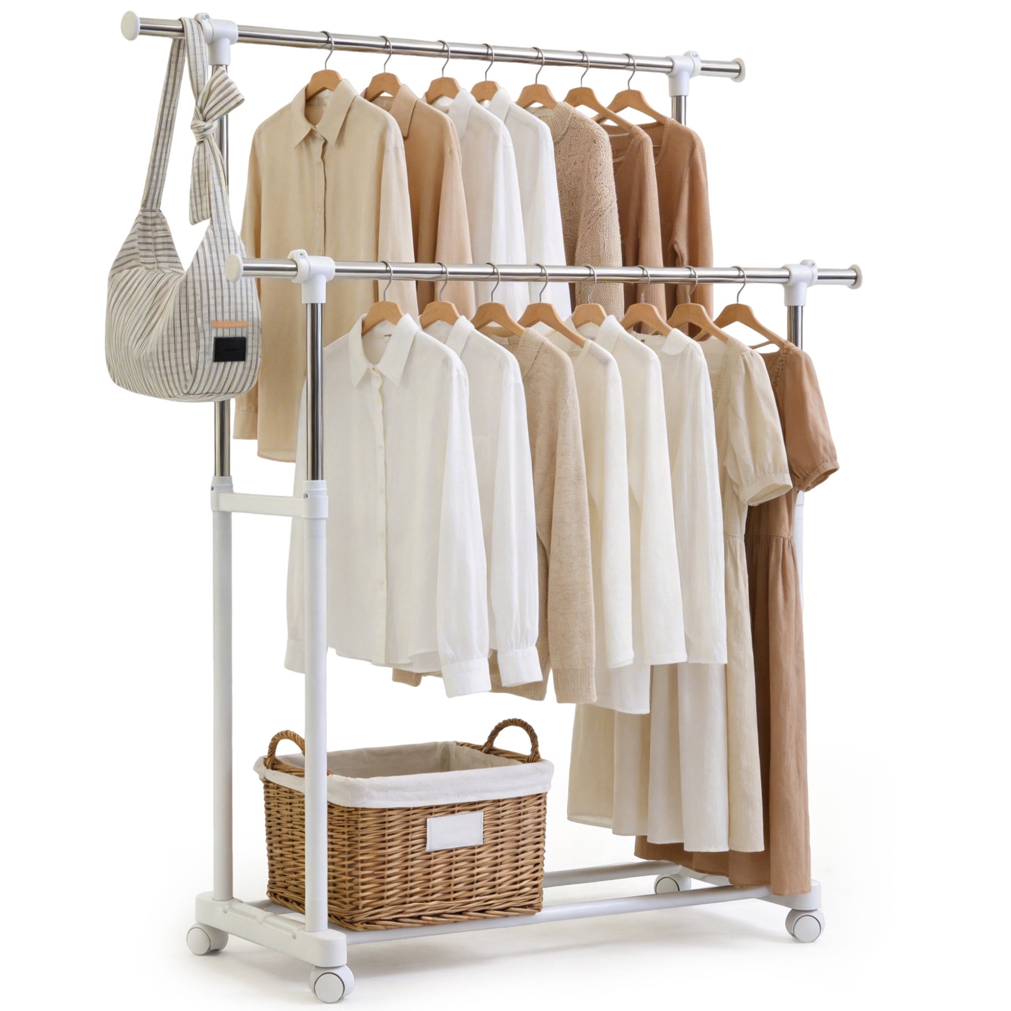 GARITIN Clothes Rack, Double Rods Rolling Clothing Rack, Portable Garment Rack with Wheels, Adjustable Height & Width, for Bedroom Laundry Room, White