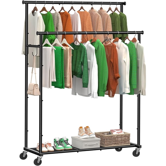 Clothes Rack Heavy Duty, Double Rod Clothing Rack with Wheels, 45 Inch Metal Garment Rack for Hanging Clothes, Max Load 400 LBS, Black