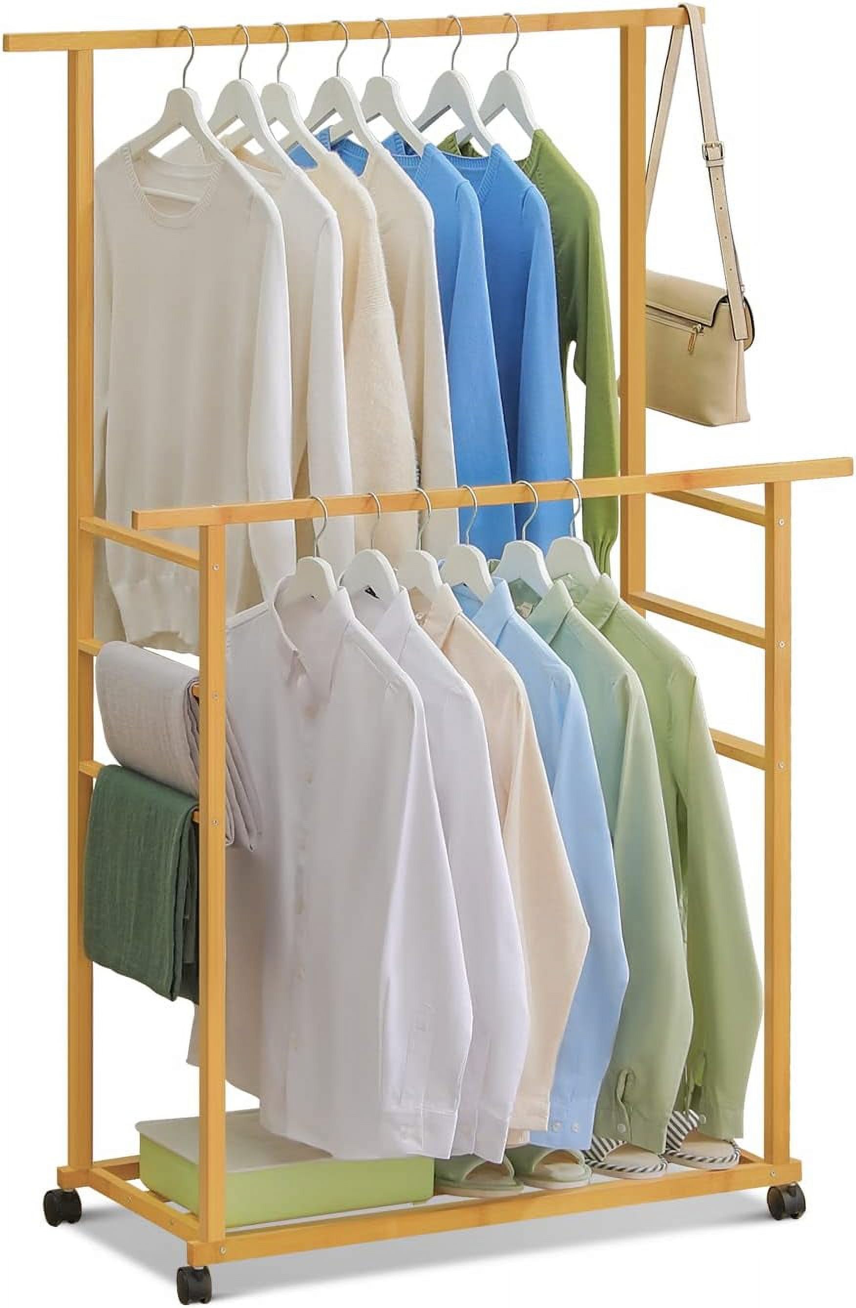 Double Rod Clothing Garment Rack With Bottom Shelves, Bamboo Clothes