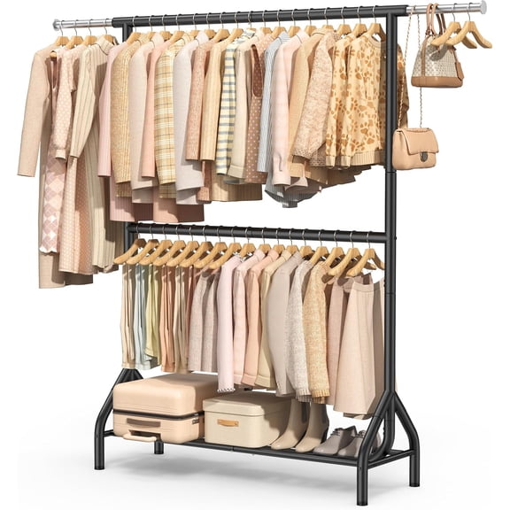Double Rod Clothing Rack 622 LBS Capacity 82.68 Inch High with Storage Shelves Black