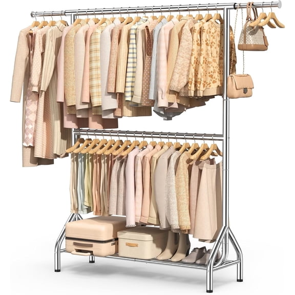 Silver Double Rod Metal Clothing Rack with Storage Shelves, 82.68 Inch Tall Garment Organizer Max Static Load 622 Lbs