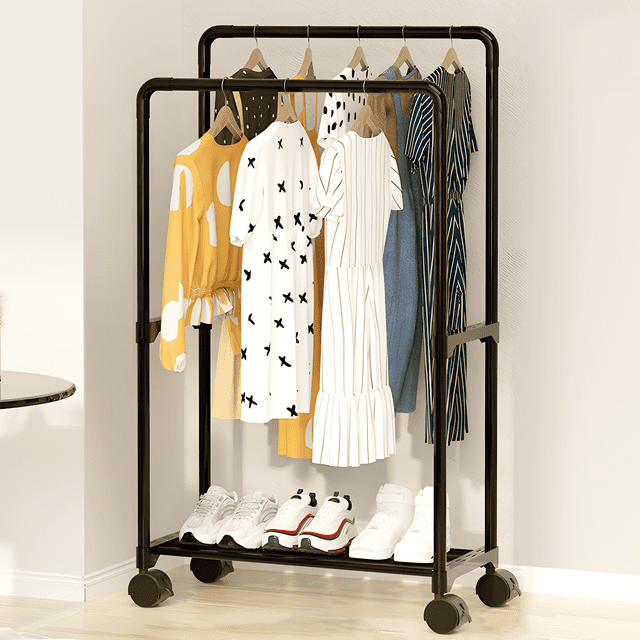 DoubleRod Clothing Rack with Wheels, HeavyDuty Metal Frame, Garment