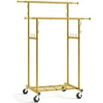 thumbnail image 1 of Double Rod Garment Rack, Heavy Duty Gold Clothes Rack with Wheels For Hanging Clothes,Portable Metal Clothing Rack with 10 Hooks and Shelves, 64.2inch Chrome, 1 of 9