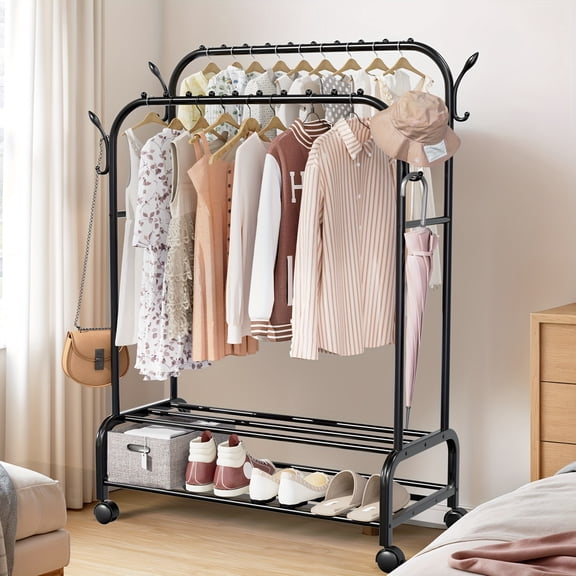 Double Rod Garment Rack with Wheels - Heavy Duty Clothes Rack with Shelves & Hooks, 190lbs Capacity Carbon Steel