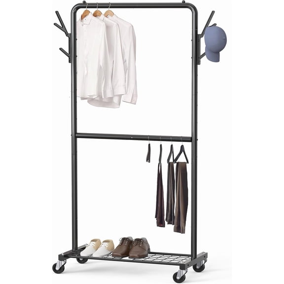 Double Rod Garment Rack with Wheels and Hooks, Black