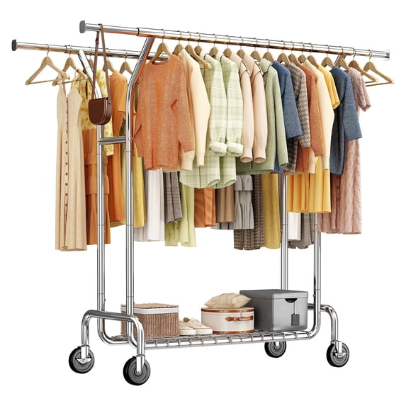 Double Rod Heavy Duty Clothes Rack 430lbs,23.6" Wide Gap Rolling Clothing Rack with Wheels,Extendable 51-74.8" Adjustable Garment Rack for Hanging Clothes Bedroom Laundry