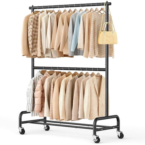 Double Rod Heavy Duty Clothes Racks for Hanging Clothes, Metal Rolling ...