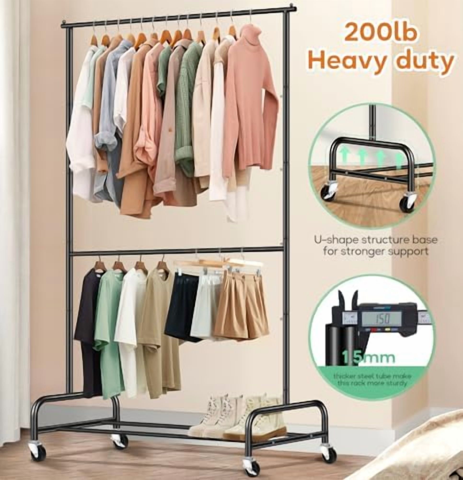 Double Rod Heavy Duty Clothes Racks for Hanging Clothes, Metal Rolling ...