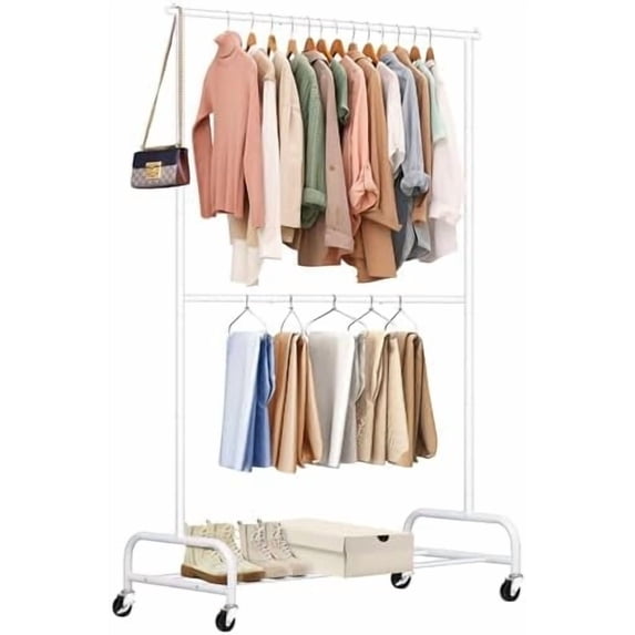 White Hanging Racking Double Rod Heavy Duty Clothes Racks for Hanging Clothes, Metal Rolling ...
