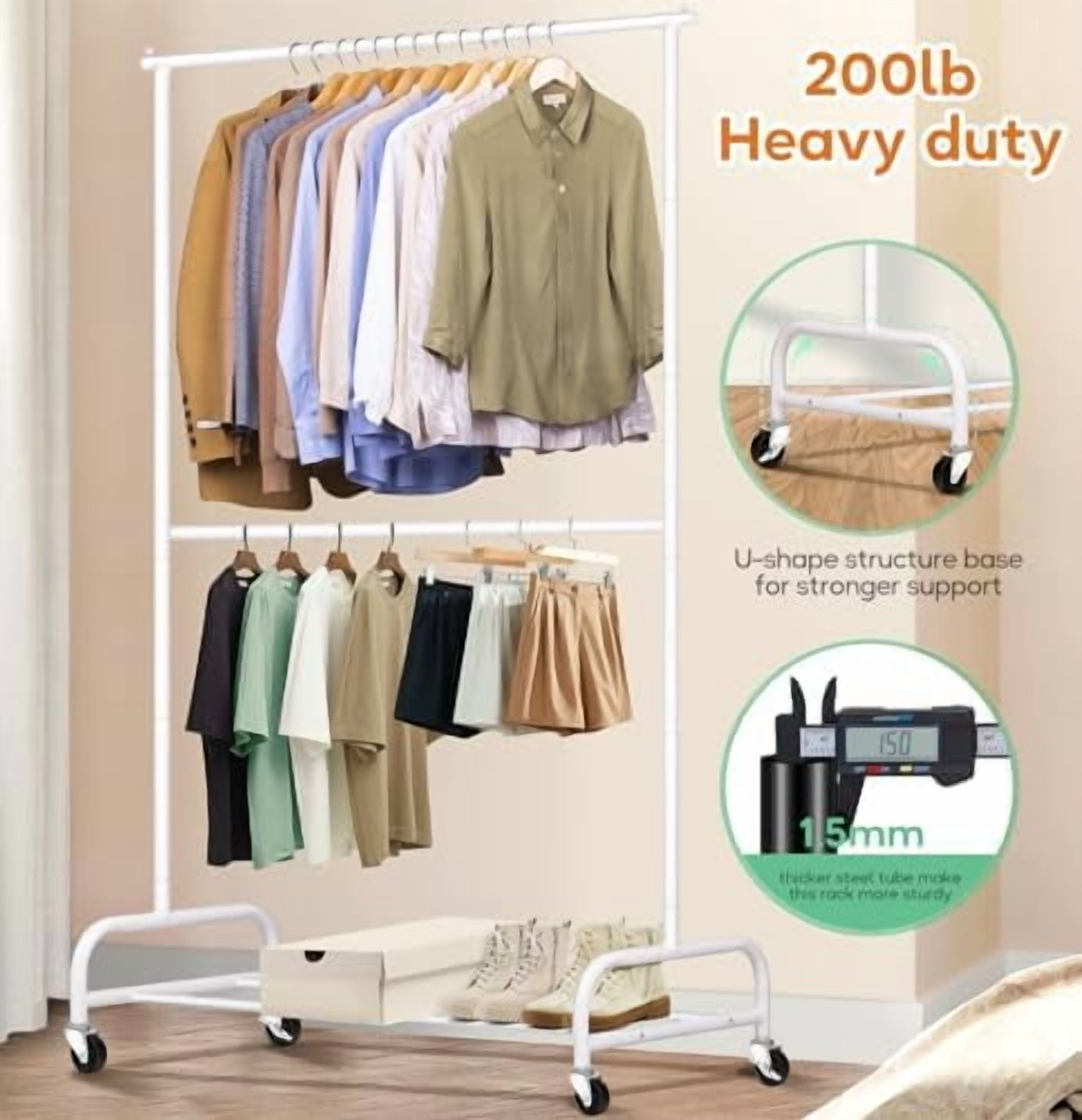 Double Rod Heavy Duty Clothes Racks for Hanging Clothes, Metal Rolling ...