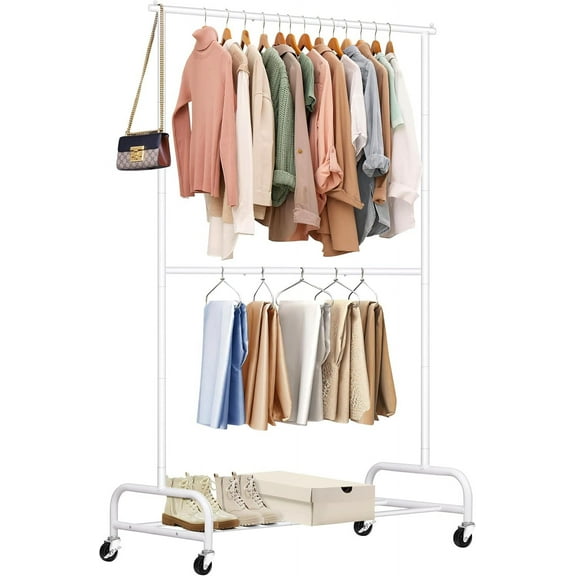 Double Rod Heavy Duty Clothes Racks for Hanging Clothes, Metal Rolling Garment Rack With Wheels Clothes Hanger Rack Wardrobe Racking for Coats, Shirts (White)