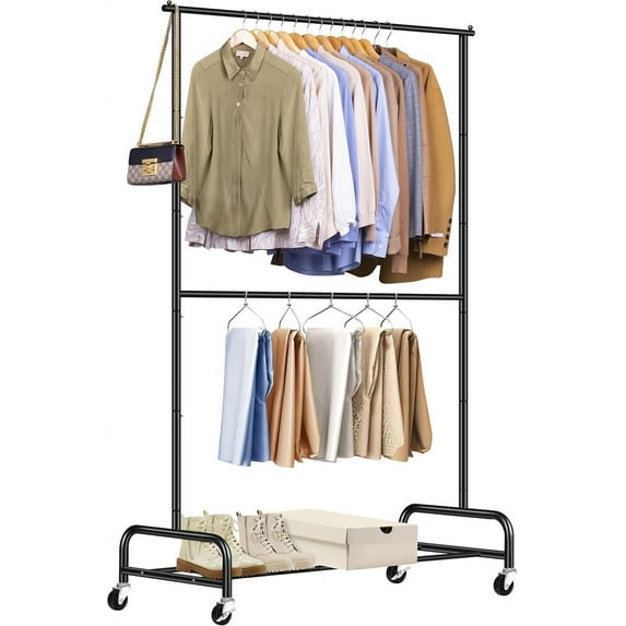 Double Rod Heavy Duty Clothes Racks for With Wheels, Metal Rolling Garment Rack for Hanging Coats, Shirts (Black)