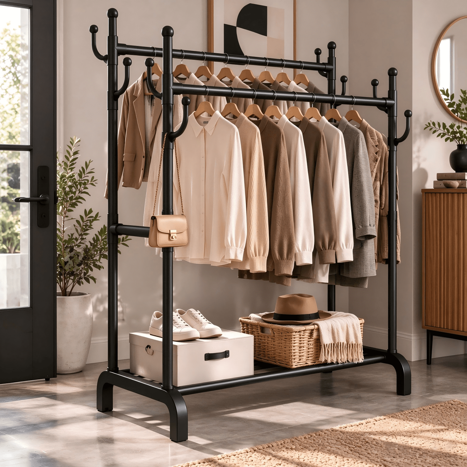 Double Rod Metal Garment Rack, Freestanding Clothes Rack with Side ...