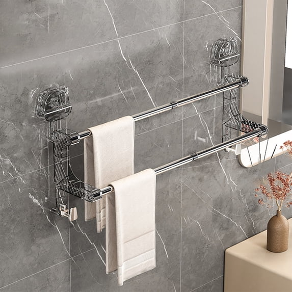 Double Rod Retractable Suction Cup Towel Rack Bathroom Plastic Towel ...