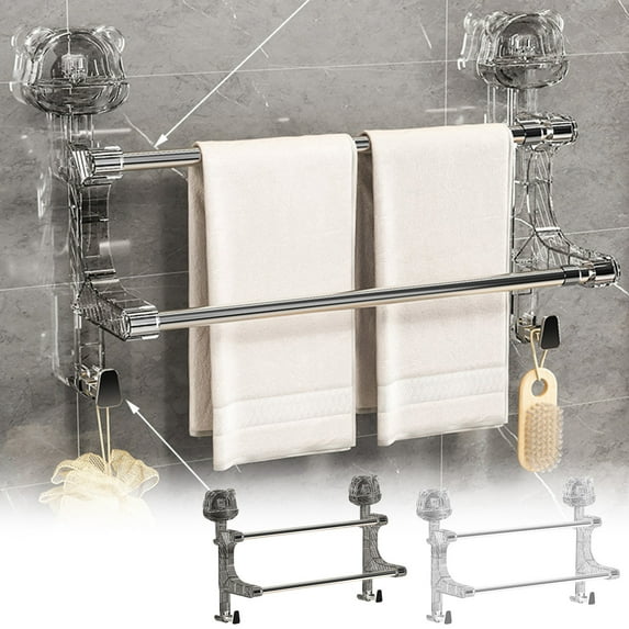 Double Rod Retractable Towel Rack | Suction Cup Bathroom Organizer | Punch-Free Wall Mounted Plastic & Stainless Steel | Space Saving Storage for Towels, Bathrobes | 37.5x24cm | Gray or White