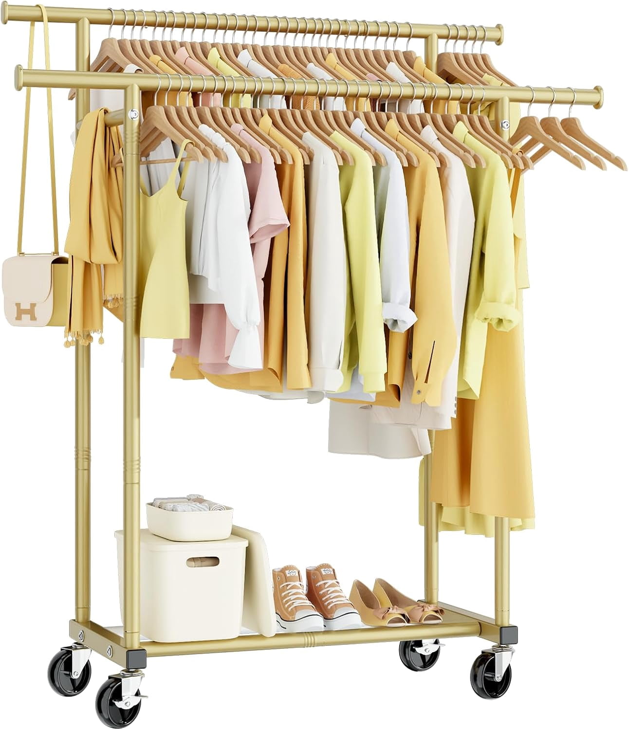 Double Rod Rolling Clothes Rack, Sturdy Metal Garment Rack with ...