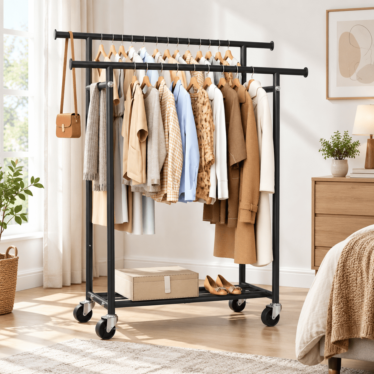 Double Rod Rolling Clothing Rack, Black Large, Portable Garment ...