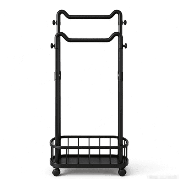 Double Rod Rolling Garment Rack, Freestanding Clothes Rack with Wheels, Bottom Storage Basket and Side Hooks for Bedroom, Closet, Dorm