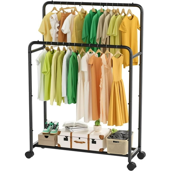 Double Rod Rolling Garment Rack - Mobile Metal Clothing Rail for Home/Commercial Use