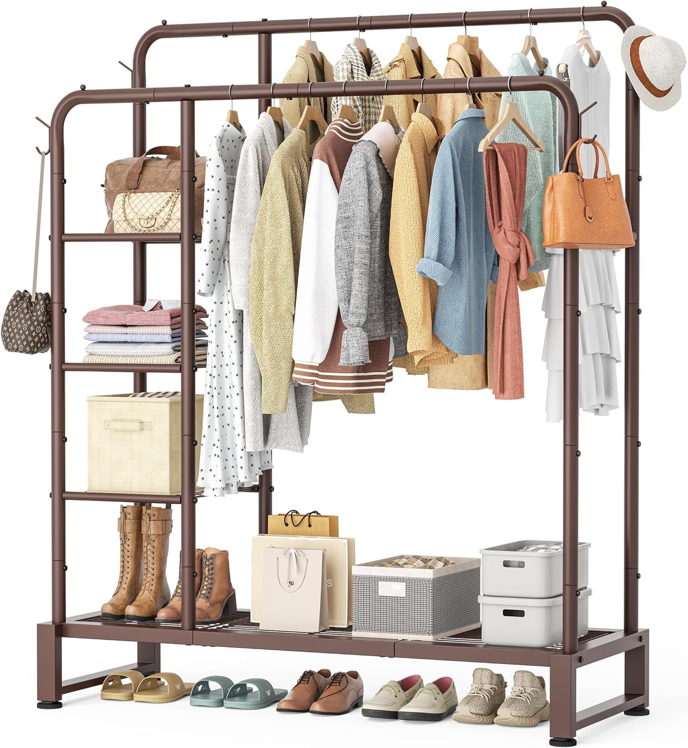Double Rods Clothes Rack Clothing Rack with  Storage Shelves Clothes Rack for Hanging Clothes Multifunctional Heavy Duty Clothes Organizer with Hooks for Bedroom,Wardrobe Closet,Shop