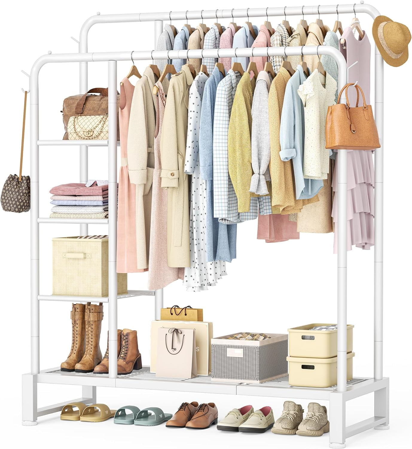 Double Rods Clothes Rack Clothing Rack with  Storage Shelves Clothes Rack for Hanging Clothes Multifunctional Heavy Duty Clothes Organizer with Hooks for Bedroom,Wardrobe Closet,Shop