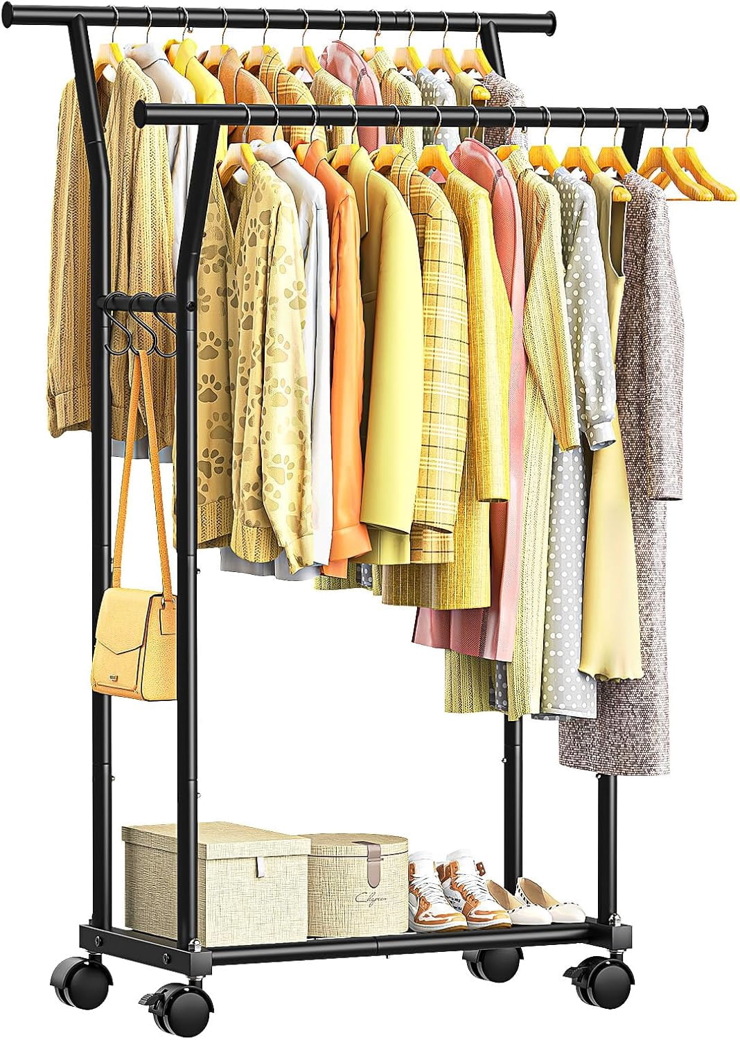 Double Rods Clothes Rack for Hanging Clothes, Rolling Clothing Rack ...