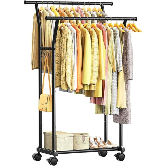 Double Rods Clothes Rack for Hanging Clothes, Rolling Clothing Rack with Side Hooks, Bottom Shelves, 360° Wheels, Garment Racks for Bedroom, Laundry, Living Room, Black