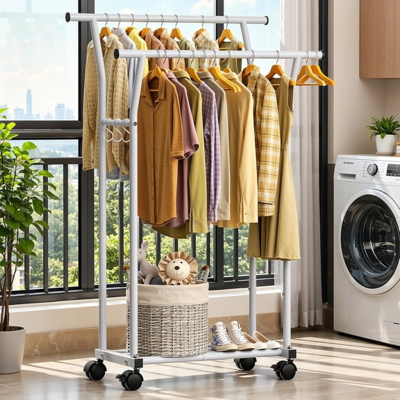 Double Rods Clothes Rack for Hanging Clothes, Rolling Clothing Rack with Side Hooks, Bottom Shelves, 360° Wheels, Garment Racks for Bedroom, Laundry, Living Room, White