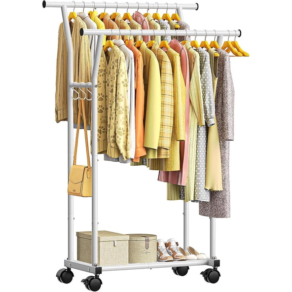 Double Rods Clothes Rack for Hanging Clothes, Rolling Clothing Rack with Side Hooks, Bottom Shelves, 360° Wheels, Garment Racks for Bedroom, Laundry, Living Room, White