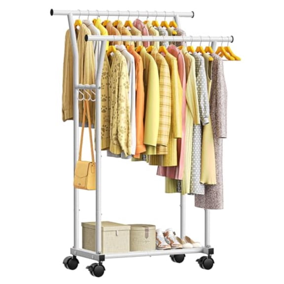 Double Rods Clothes Rack for Hanging Clothes Rolling Clothing Rack with Side Hooks Bottom Shelves 360 Wheels Garment Racks for Bedroom Laundry Living Room White