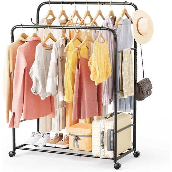 Double Rods Clothes Rack for Hanging Clothes, Rolling Clothing Rack with Wheels, 6 Side Bars Freestanding Garment Racks for Bedroom Laundry Living Room