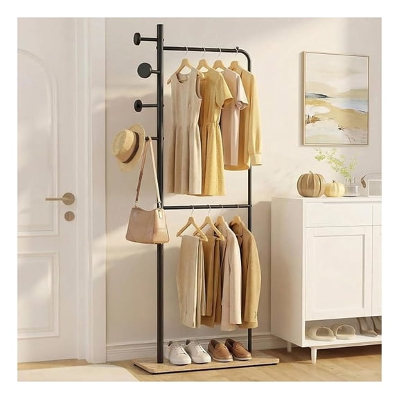 Double Rods Clothes Rack, Heavy Duty Coat Rack for Clothes to Hang, Freestanding Garment Racks w/ 4 and Wooden Bottom Shelf, Clothing Storage Organizer for Entryway, Bedroom, Living Room