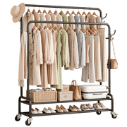 Heavy Duty Double Rod Clothes Rack, Rolling Garment Rack with 2 Tier Shelf and Side Hooks, Metal Coat Rack on Wheels for Bedroom, Laundry Room and Living Room, 44.3"L x 16.1"W x 61.8"H, Black