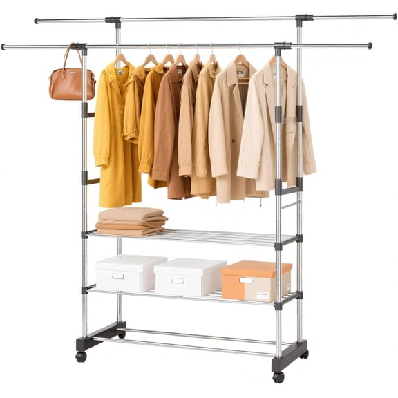 Double Rods Clothes Rack, Rolling Clothing Rack for Hanging Clothes, Portable Wardrobe Rack Max Load 77LBS, Sturdy Metal Garment Rack Coat Rack for Bedroom Laundry Living Room, Silver