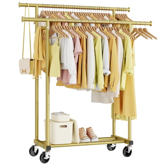 Double Rods Clothes Rack, Rolling Clothing Rack for Hanging Clothes Portable Wardrobe Rack, Metal Garment Rack Sturdy Coat Rack for Bedroom Laundry Living Room, Black