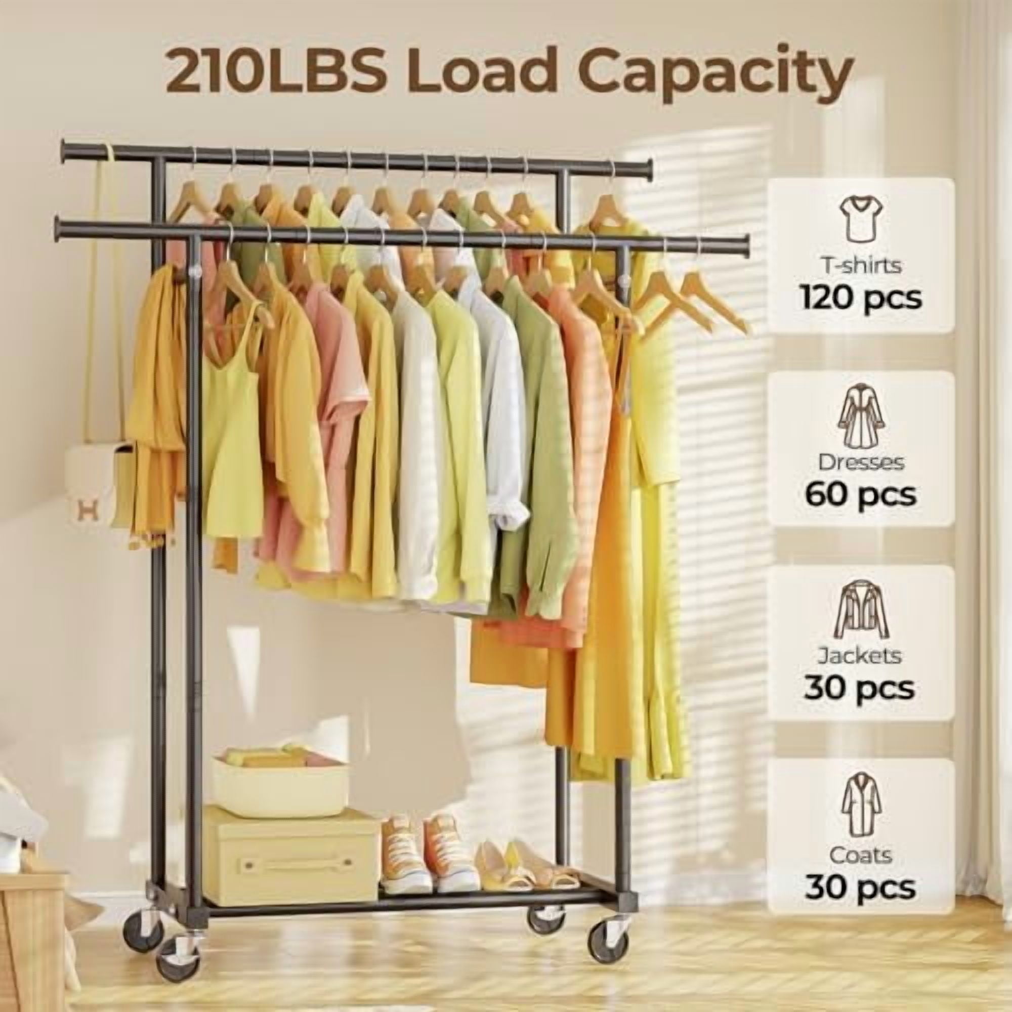 Double Rods Clothes Rack, Rolling Clothing Rack for Hanging Clothes ...
