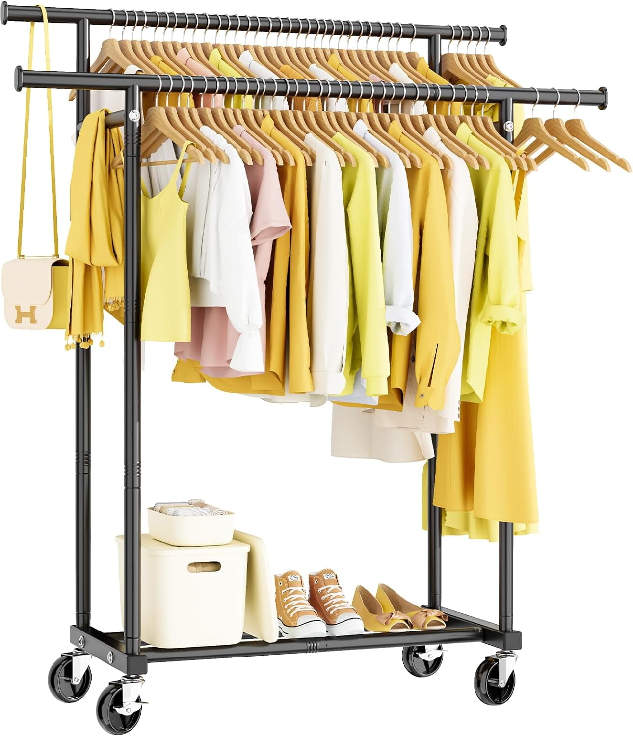 Double Rods Clothes Rack, Rolling Clothing Rack for Hanging Clothes ...
