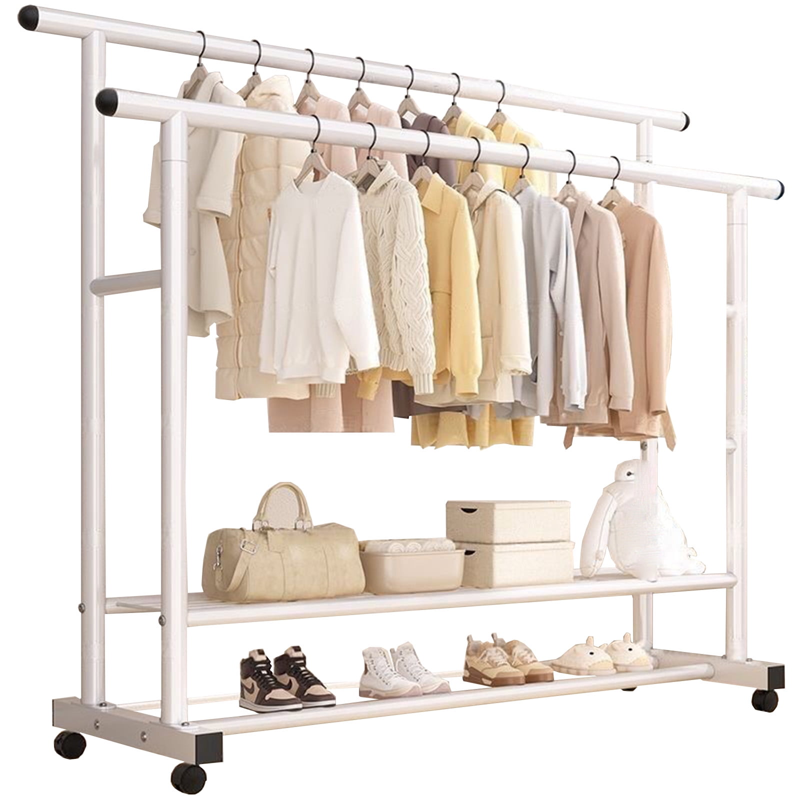 Double Rods Clothes Rack, Rolling Clothing Rack for Hanging Clothes ...