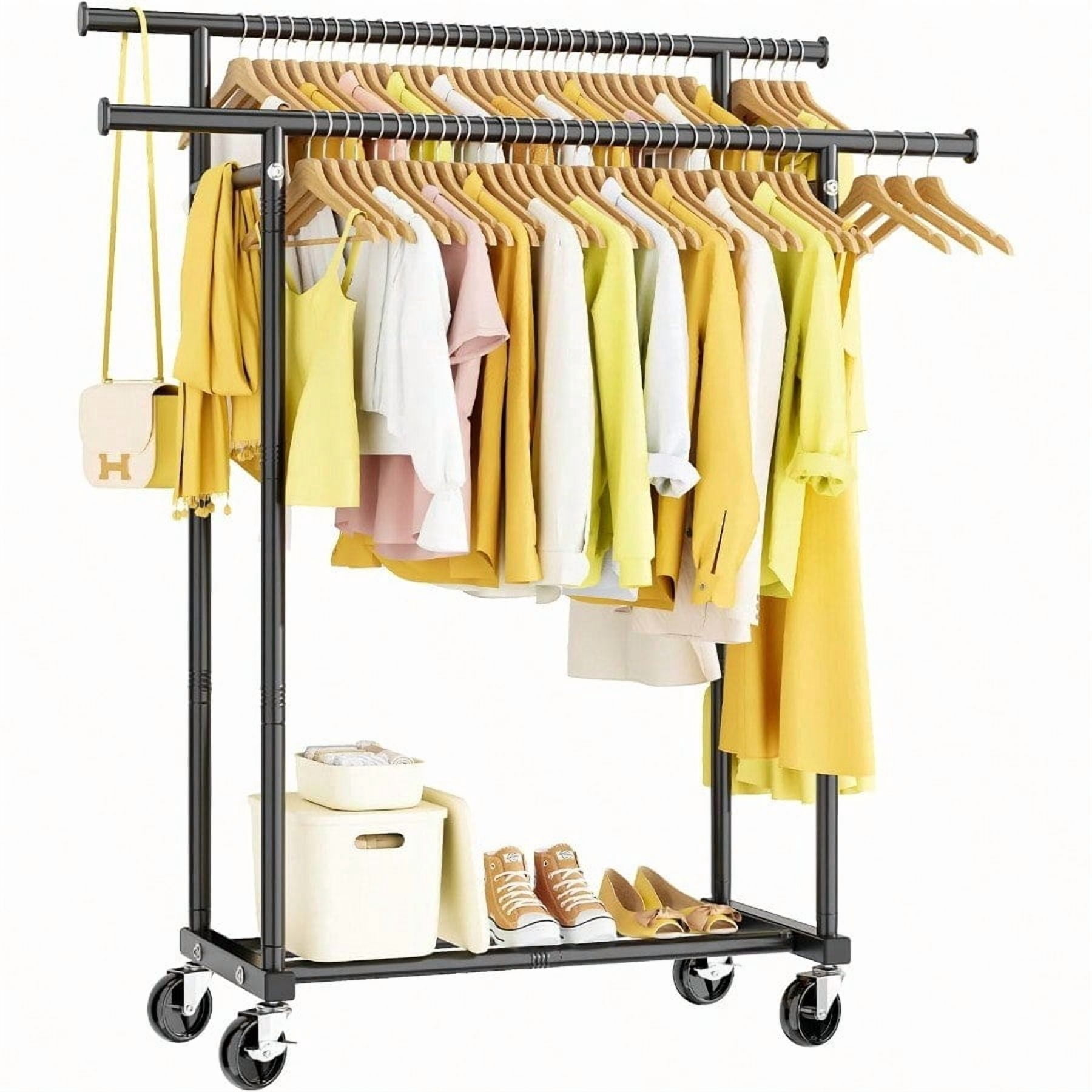 Double Rods Clothes Rack Rolling Clothing Rack for Hanging Clothes ...