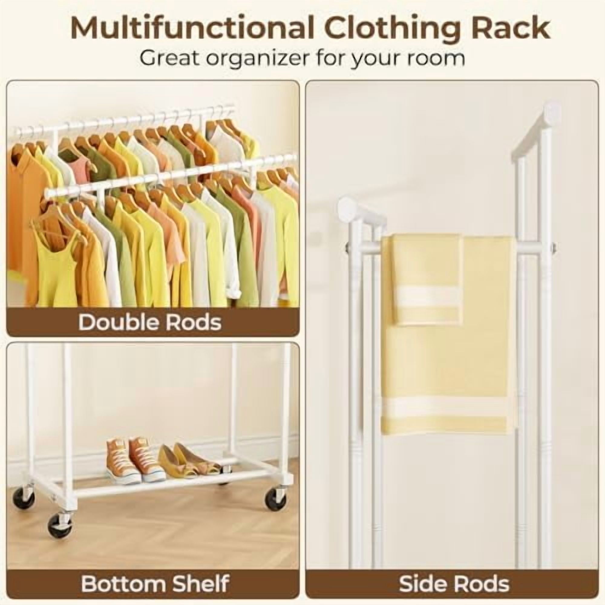 Double Rods Clothes Rack, Rolling Clothing Rack for Hanging Clothes ...