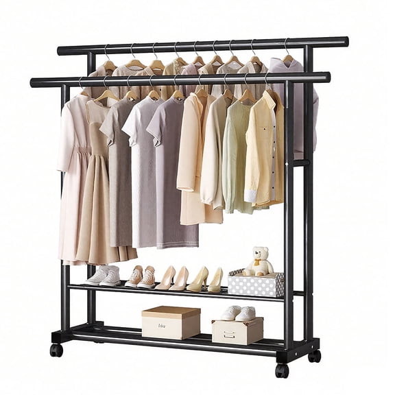 Yucurem Rolling Clothing Racks with 2 Hanging Rods, Clothes Rack with 2-Tier Bottom Shelf, Bear up to 250lb for Bedroom (56"x47"x16" Black)