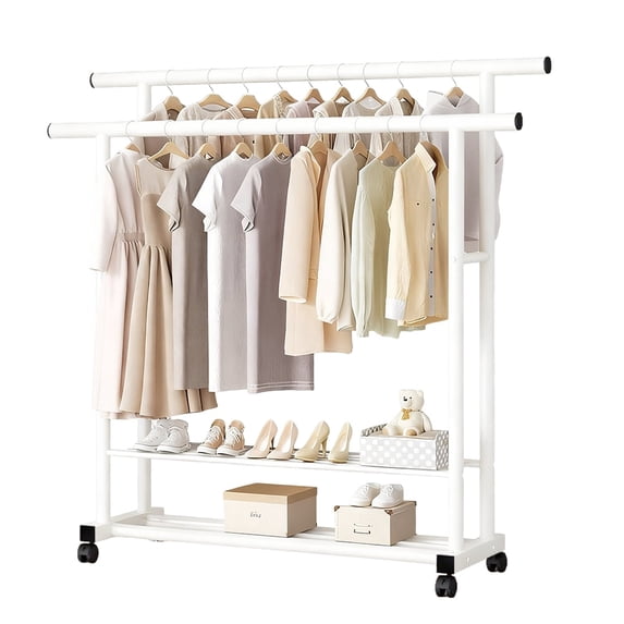 Yucurem Rolling Clothing Racks with 2 Hanging Rods, Clothes Rack with 2-Tier Bottom Shelf, Bear up to 250lb for Bedroom (56"x47"x16" White)