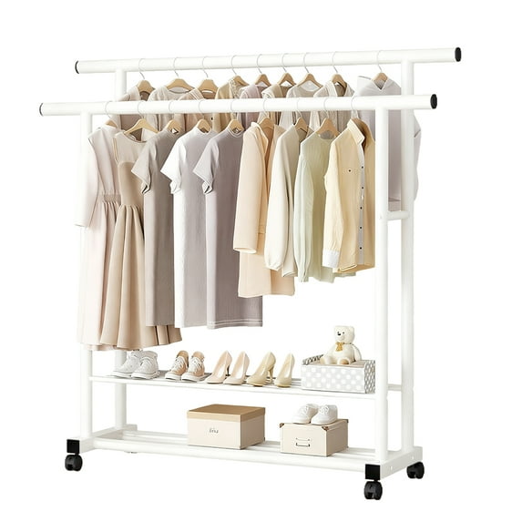 Yucurem Clothes Rack with Double Hanging Rods, Rolling Clothing Rack Metal Garment Rack for Bedroom Closet Storage (56x48x47inch White)