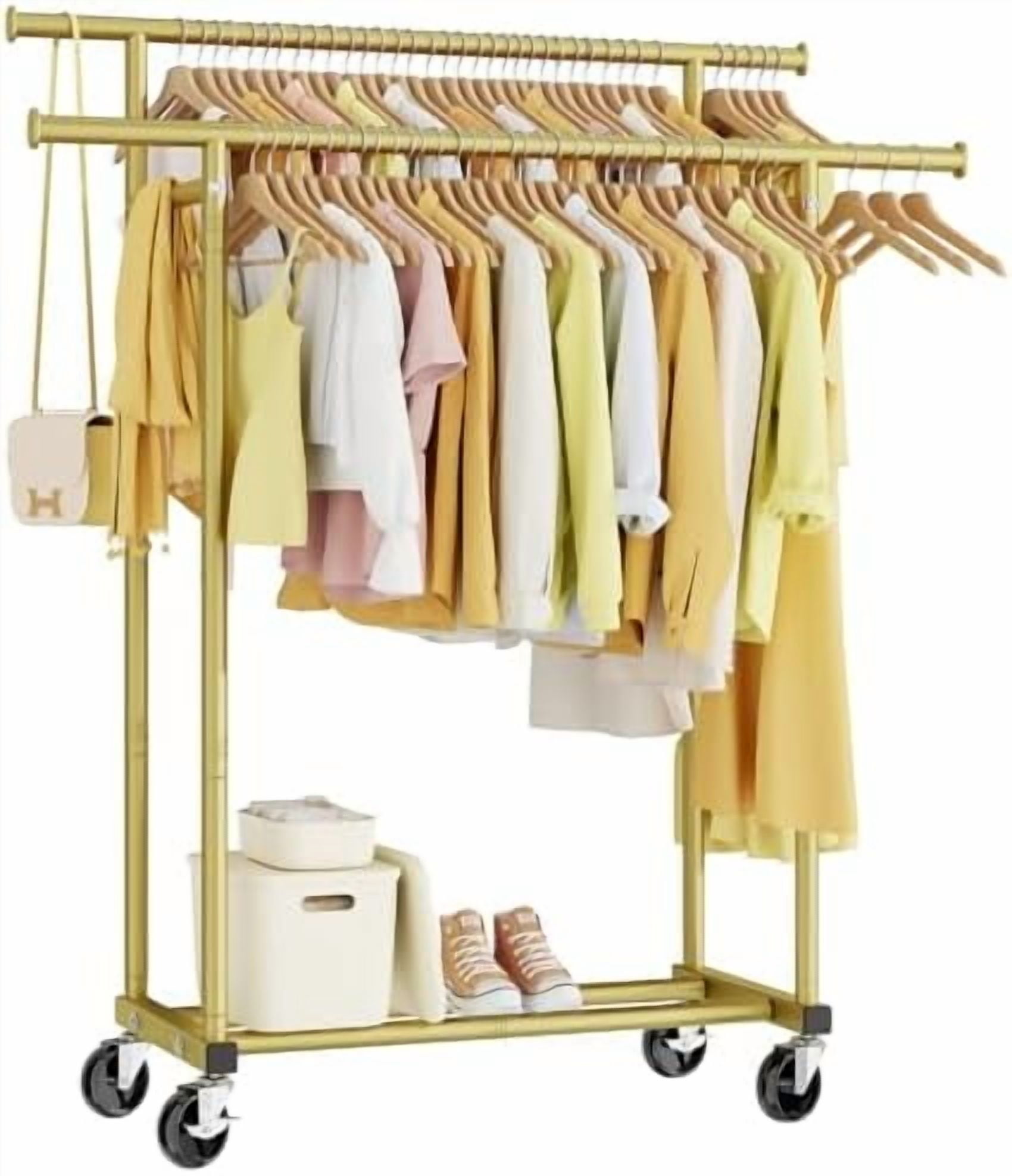 Double Rods Clothes Rack, Sturdy Rolling Clothing Rack, Portable ...