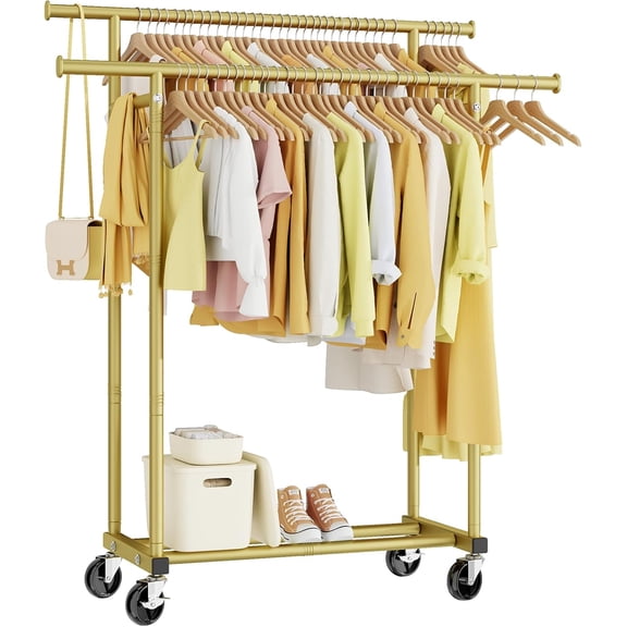 Double Rods Clothes Rack, Sturdy Rolling Clothing Rack, Portable Clothing Racks for Hanging Clothes - Metal Garment Rack Wardrobe Coat Rack for Bedroom Laundry Living Room, Gold