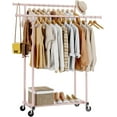 thumbnail image 1 of Double Rods Clothes Rack, Sturdy Rolling Clothing Rack, Portable Clothing Racks for Hanging Clothes - Metal Garment Rack Wardrobe Coat Rack for Bedroom Laundry Living Room, Pink, 1 of 18