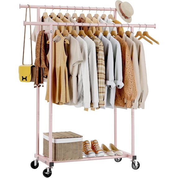 Double Rods Clothes Rack, Sturdy Rolling Clothing Rack, Portable Clothing Racks for Hanging Clothes - Metal Garment Rack Wardrobe Coat Rack for Bedroom Laundry Living Room, Pink