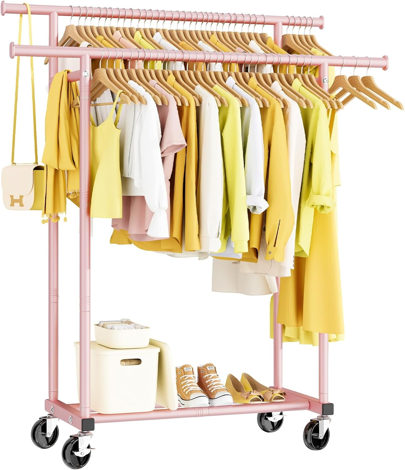 Double Rods Clothes Rack, Sturdy Rolling Clothing Rack, Portable ...