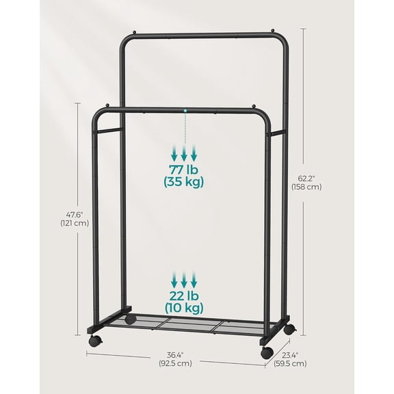 Double Rods Clothes Rack with Wheels, Clothing Rack for Hanging Clothes, Heavy Duty Garment Rack with Mesh Storage Shelf, 2 Brakes, Each Top Rail Holds up to 77 lb, Black UHSR26BKV1