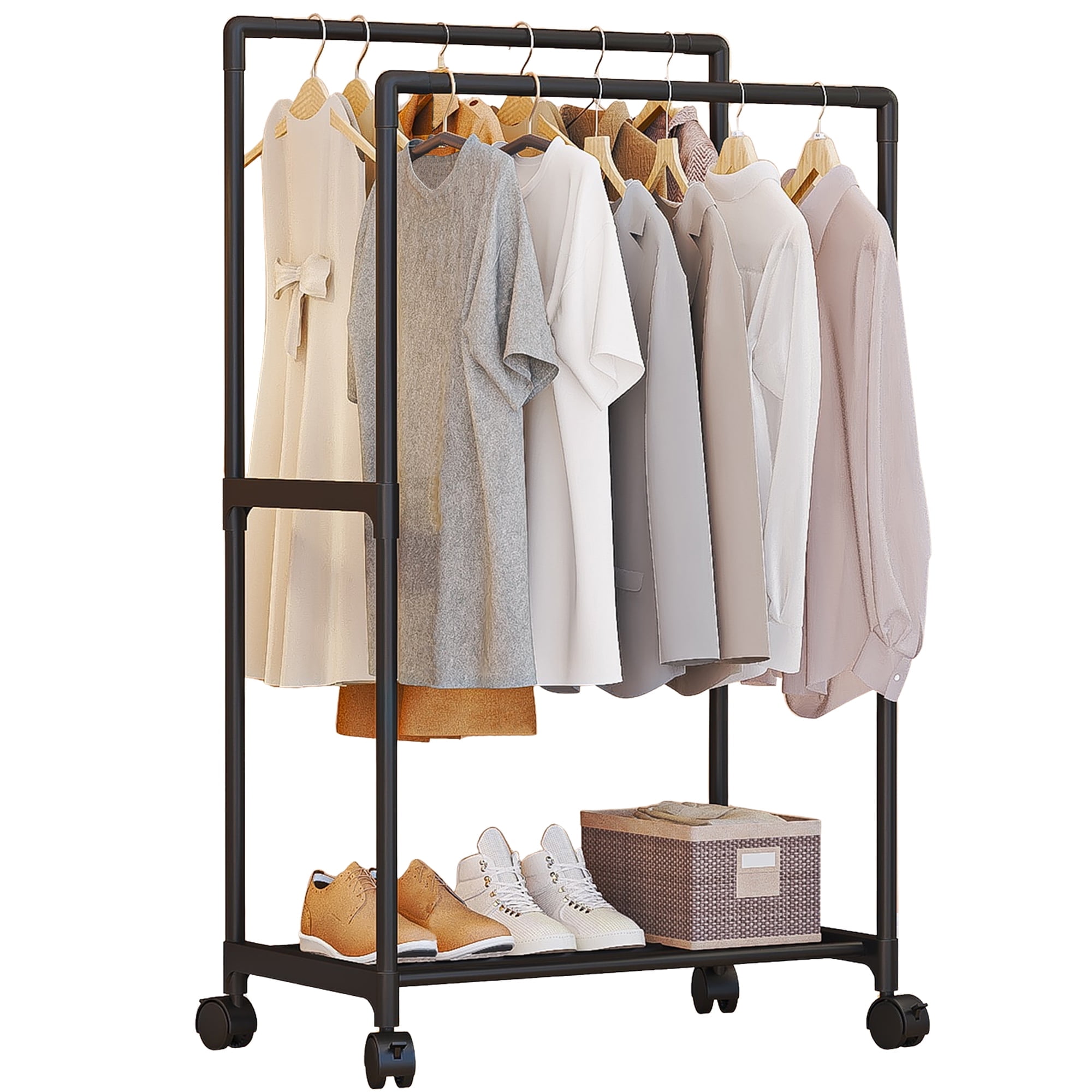 Double Rods Clothes Rack with Wheels, Domaci Portable Clothing Rack with Bottom Shelves for Shoes, Heavy Duty Garment Racks for Hanging Clothes, Multi-Functional Closet Rack, Black, 1 Tiers